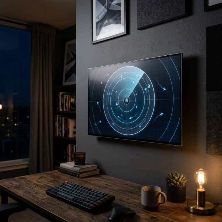 A flight tracker display turns overhead traffic into a small piece of functional decor.