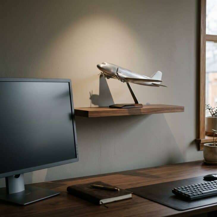 One carefully placed model creates more impact than a crowded desktop collection.