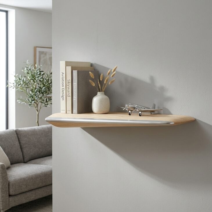 A wing-shaped shelf adds useful display space with a subtle aerodynamic line.