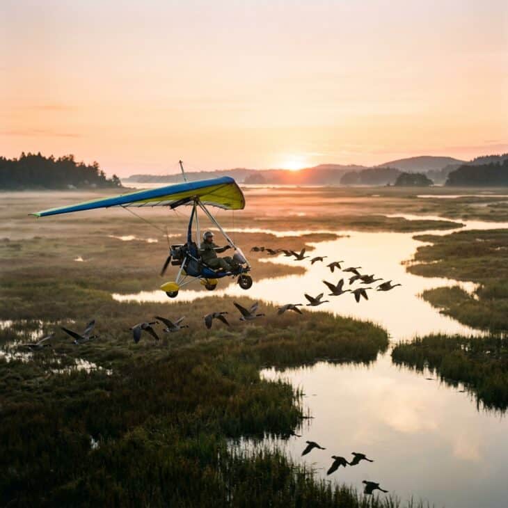 Small ultralight aircraft leading a flock of geese in formation over a marsh at sunrise