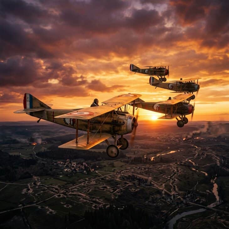 Formation of WWI biplane fighters flying above the French countryside at sunset