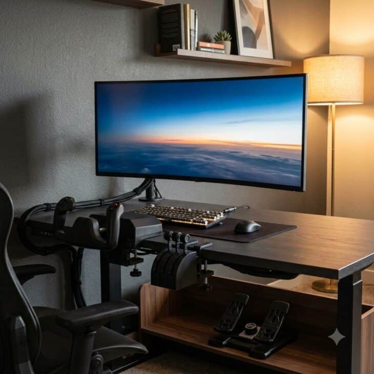 Quick-release controls let one desk switch cleanly between office work and flight simulation.