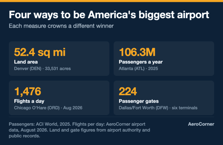 Four stat tiles showing the biggest US airport by each measure: Denver 52.4 square miles of land, Atlanta 106.3 million passengers, Chicago O'Hare 1,476 flights a day, Dallas/Fort Worth 224 gates