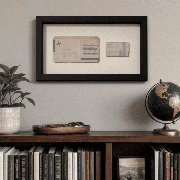 A shallow shadow box preserves a single trip's paper keepsakes above the shelf.