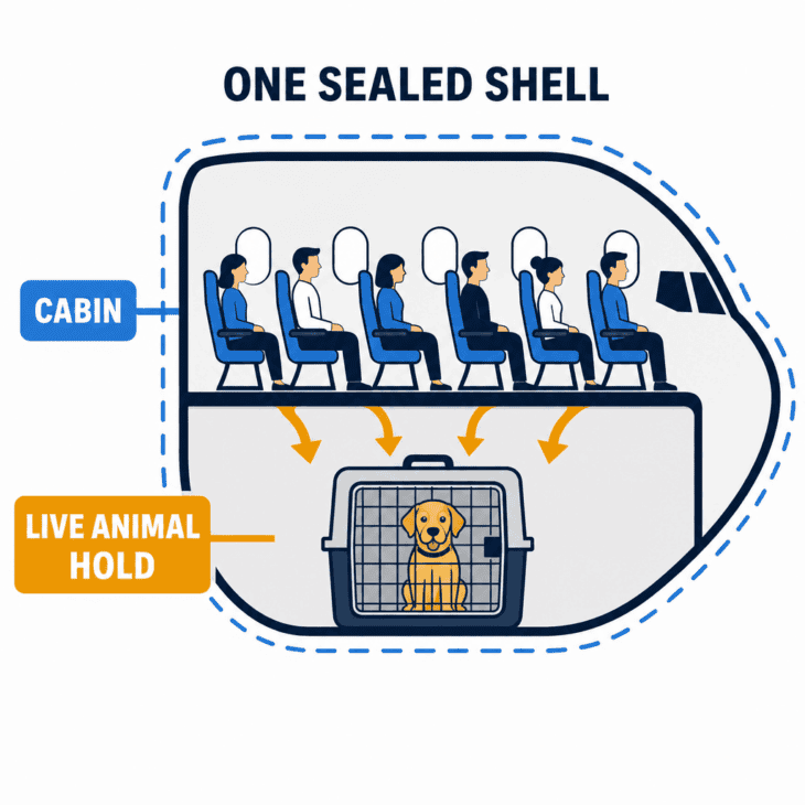 Cutaway diagram of an airliner showing passengers in the cabin and a pet crate in the heated compartment below the floor, both inside one sealed fuselage