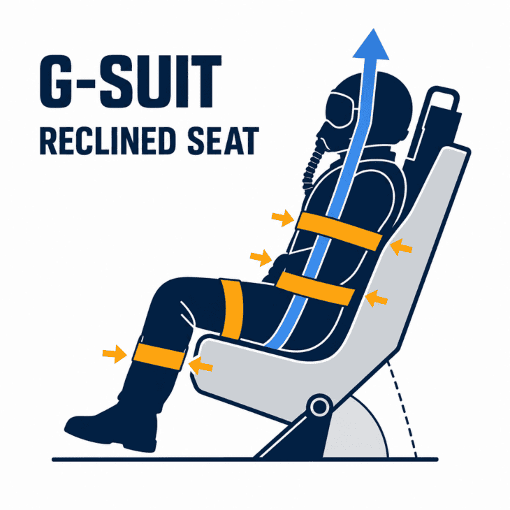 The G-suit squeezes blood back up from the legs while the reclined seat shortens the climb from heart to brain.