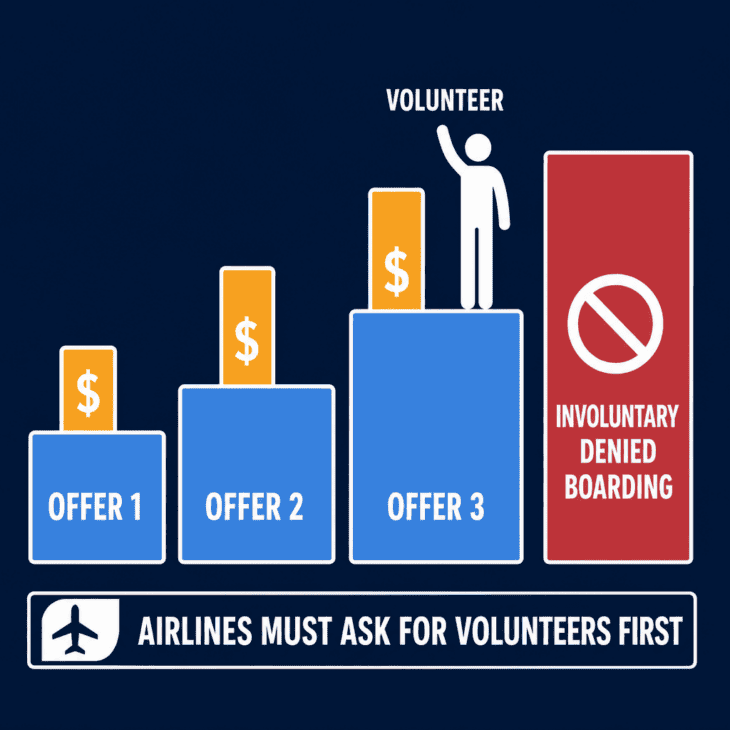 The gate offer escalates until enough passengers volunteer, because bumping someone is the legal last step.