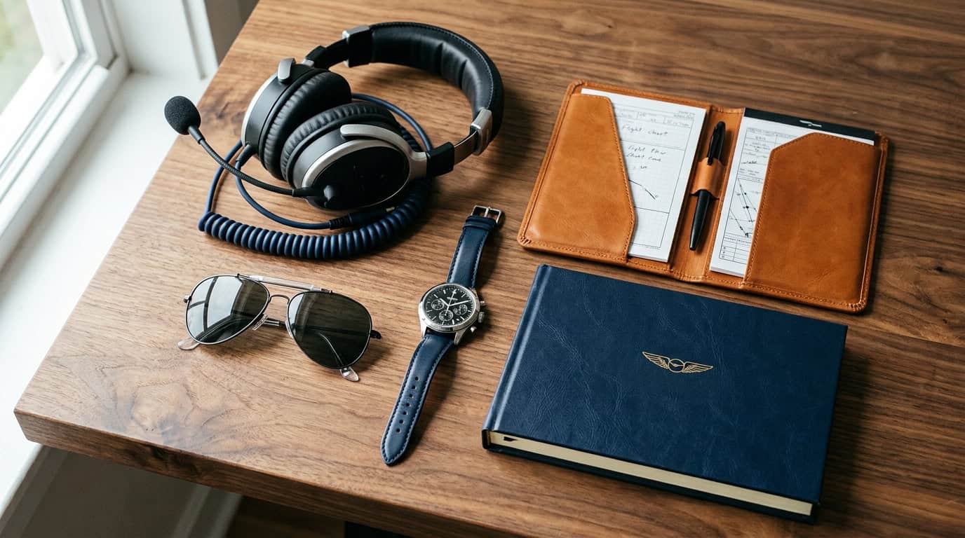 30 gifts for pilots flat lay: headset, sunglasses, kneeboard, watch, and logbook