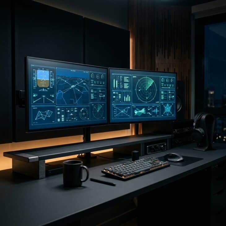Symmetry, dark surfaces, and restrained backlighting echo a modern glass cockpit.