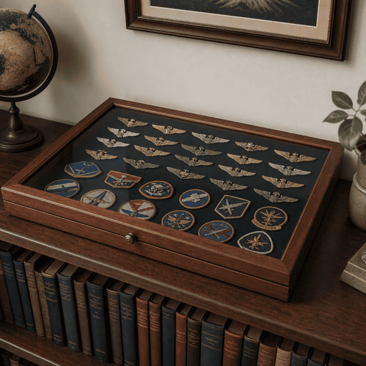 A flat glass case turns loose wing pins and patches into an organized set.