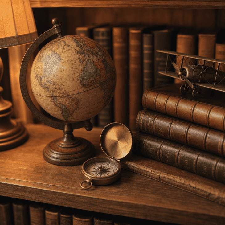 A globe and a compass turn a shelf into a small navigation-themed vignette.