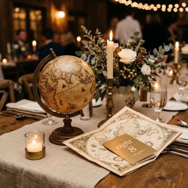A tabletop globe and folded map double as the table number.