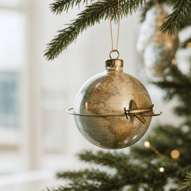 A tiny airplane circles a miniature glass globe on a fine wire orbit.