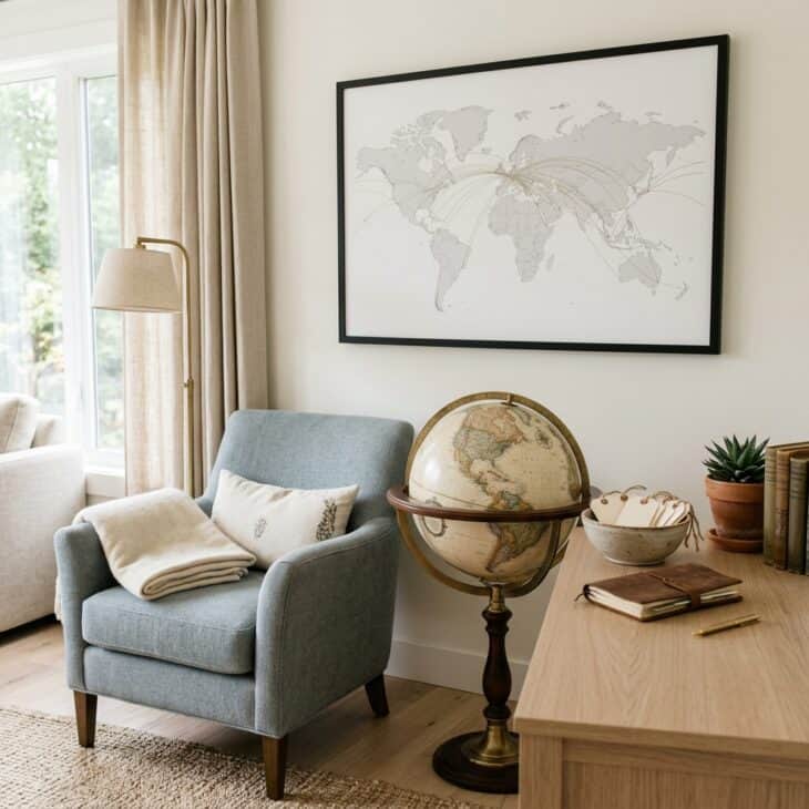 A globe and simple route map turn past and future journeys into living room decor.