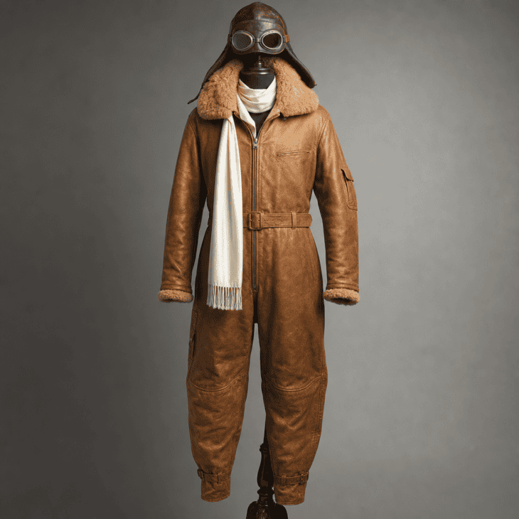A tan flight suit with a leather flying helmet, goggles, and a trailing white scarf.