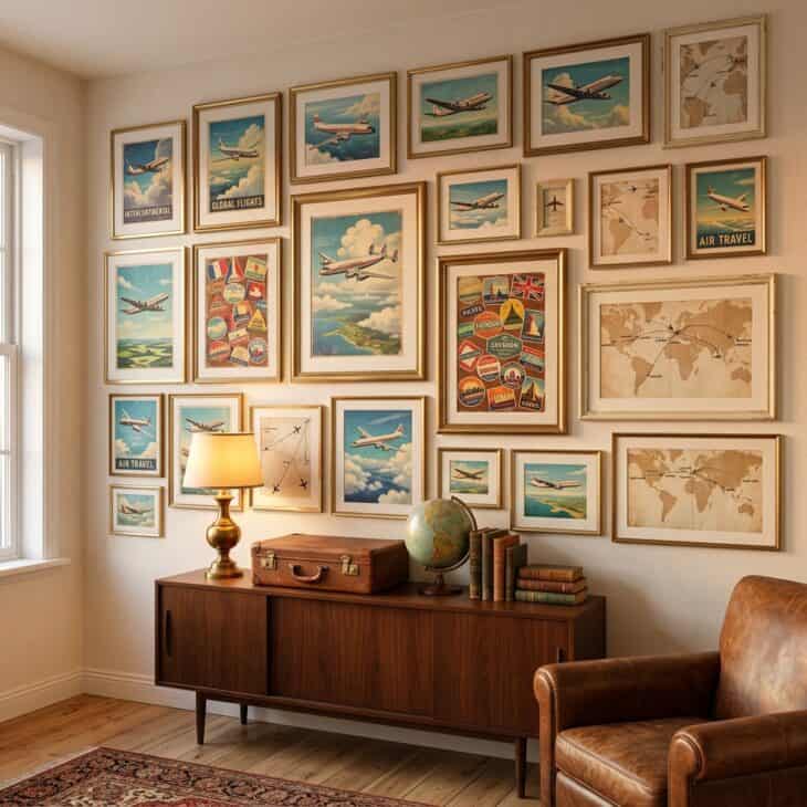 Brass-framed memorabilia prints recreate the glamour of golden-age commercial air travel.