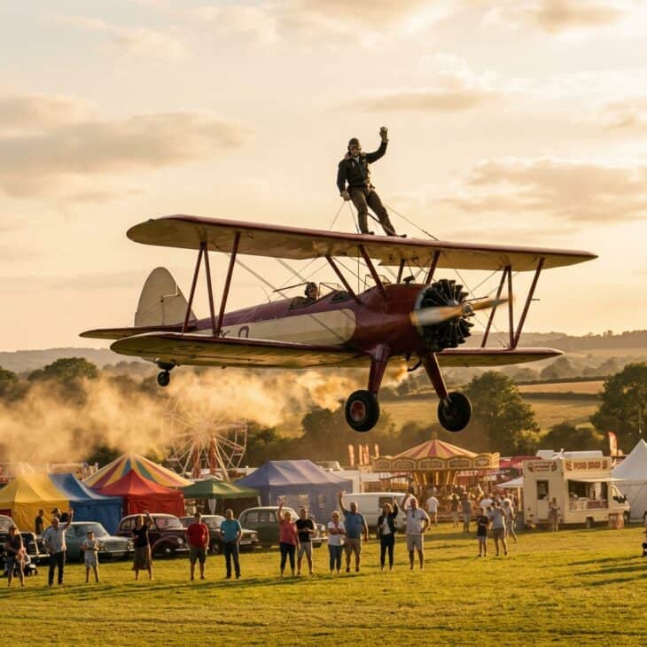 Vintage biplane performing a wing-walking stunt over a rural fairground