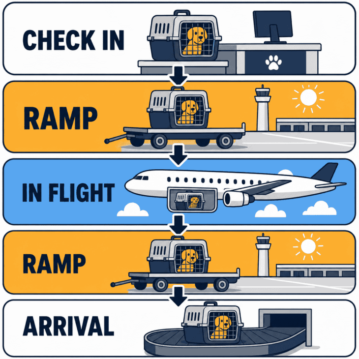 Five-stage journey diagram of a pet crate from check-in to baggage claim, with the two tarmac ramp stages highlighted as the exposed parts of the trip