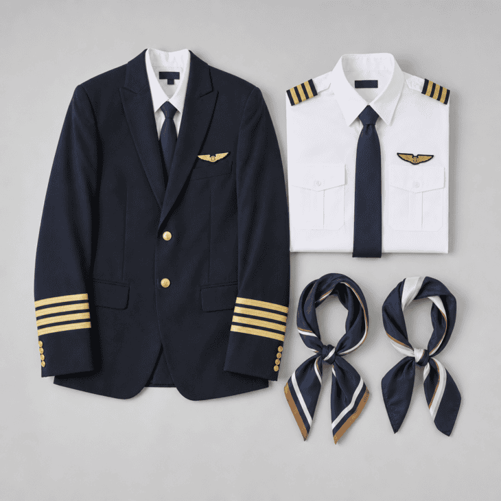 A coordinated captain, first officer, and flight attendant costume set.