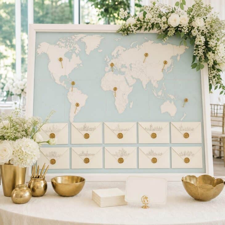 Map clues turn the honeymoon destination into a lively guessing game.