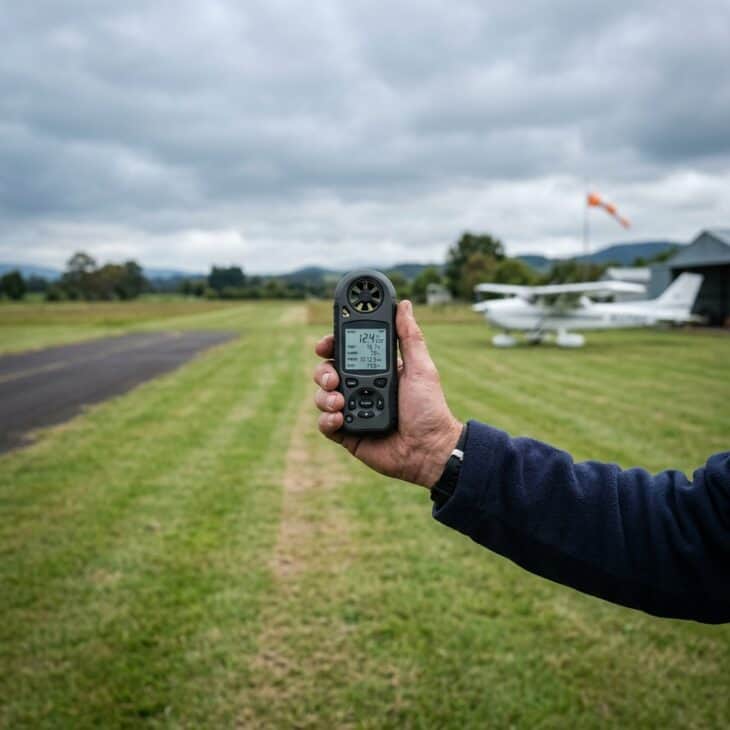 A handheld meter gives a quick wind and temperature check before a light-aircraft flight.