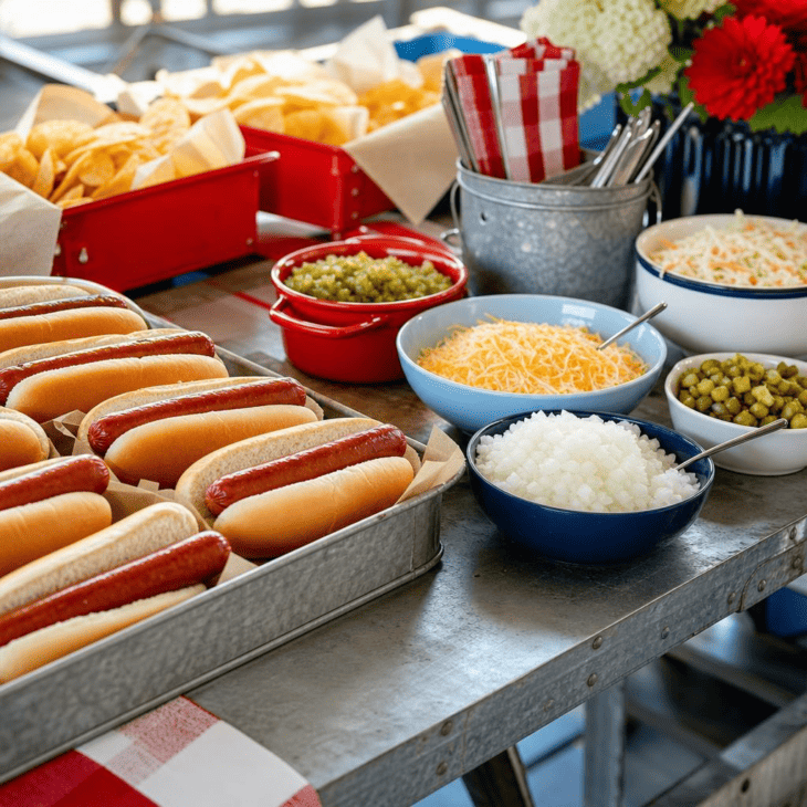 A self-serve hot dog bar feeds a crowd with minimal last-minute assembly.