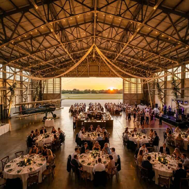 String lights and round tables fill an open hangar reception space.