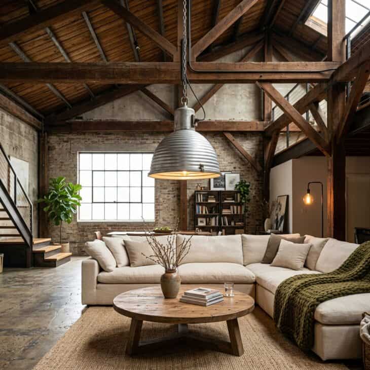 One ribbed aluminum pendant brings hangar scale to a warm, comfortable seating area.