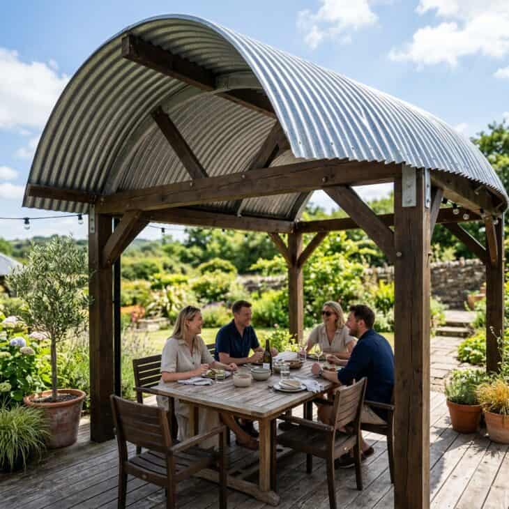 A curved corrugated-steel pergola roof echoes a small aircraft hangar over the dining deck.