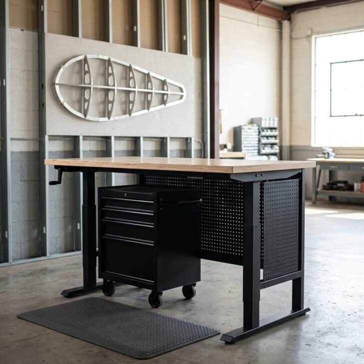Plywood, black steel, and perforated metal give an adjustable desk a hangar-workshop edge.