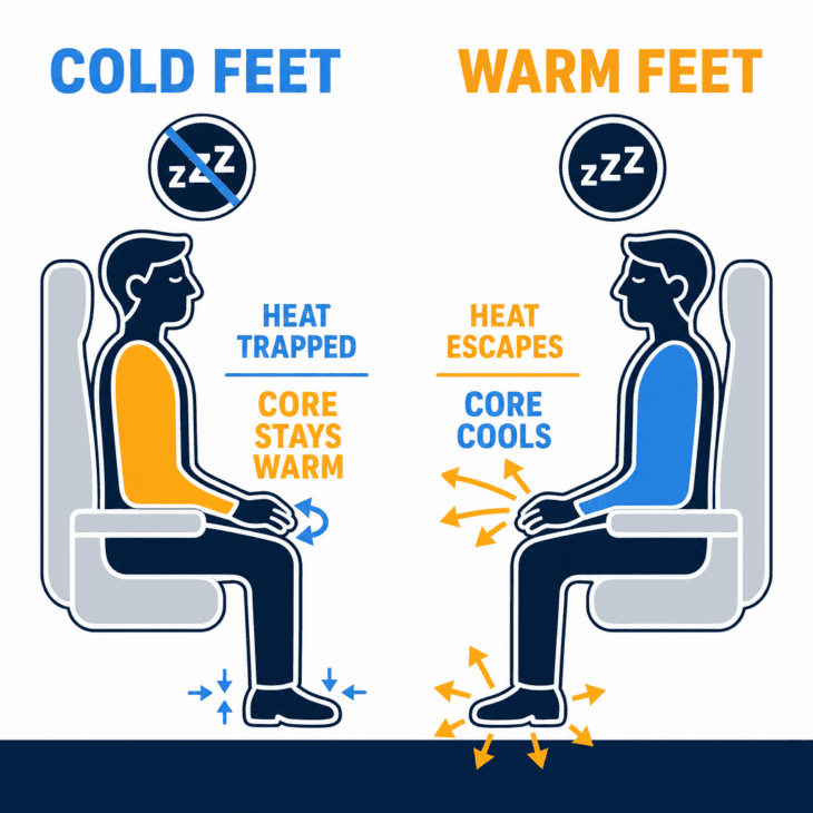 Sleep onset depends on dumping heat through the hands and feet, which cold cabin air shuts down.