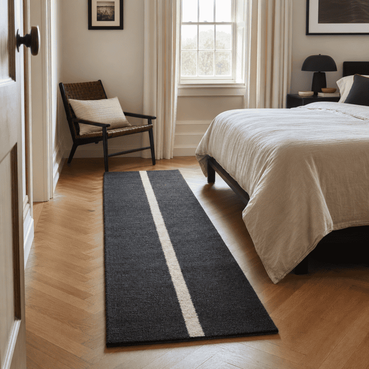 A centerline-striped runner crosses warm herringbone flooring beside the bed.