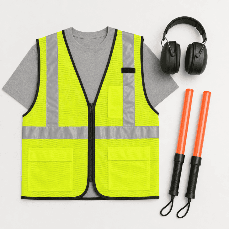A hi-vis safety vest, ear protection, and orange marshalling wands.