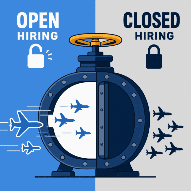 Pilot hiring runs in sharp boom-and-bust cycles, not a steady climb.