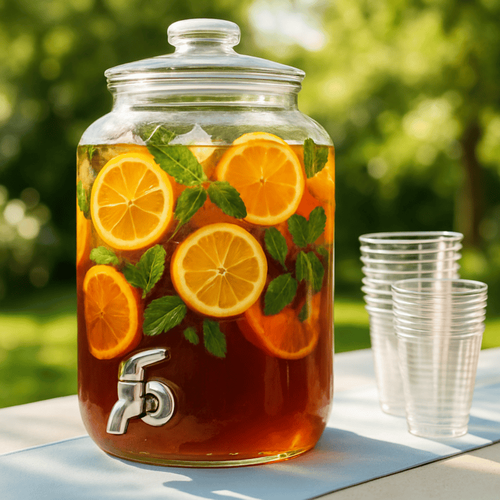 A spigot dispenser lets a big alcohol-free punch serve itself all afternoon.