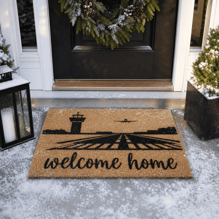 A coir doormat prints a runway and control tower graphic under a