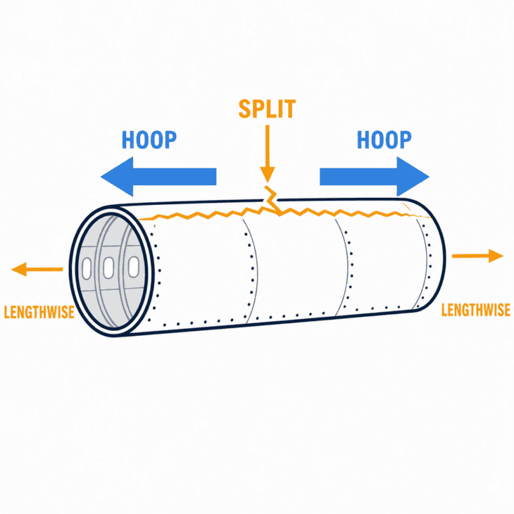 Diagram of a fuselage tube showing thick hoop stress arrows around the circumference, thinner lengthwise arrows along the body, and a crack running lengthwise