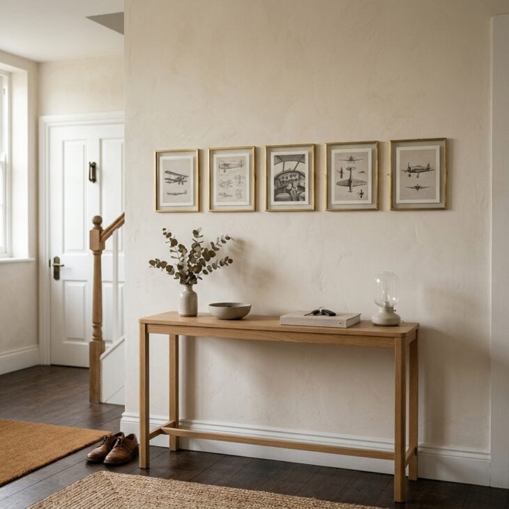 A single row of five matching prints keeps a narrow entryway wall calm and linear.