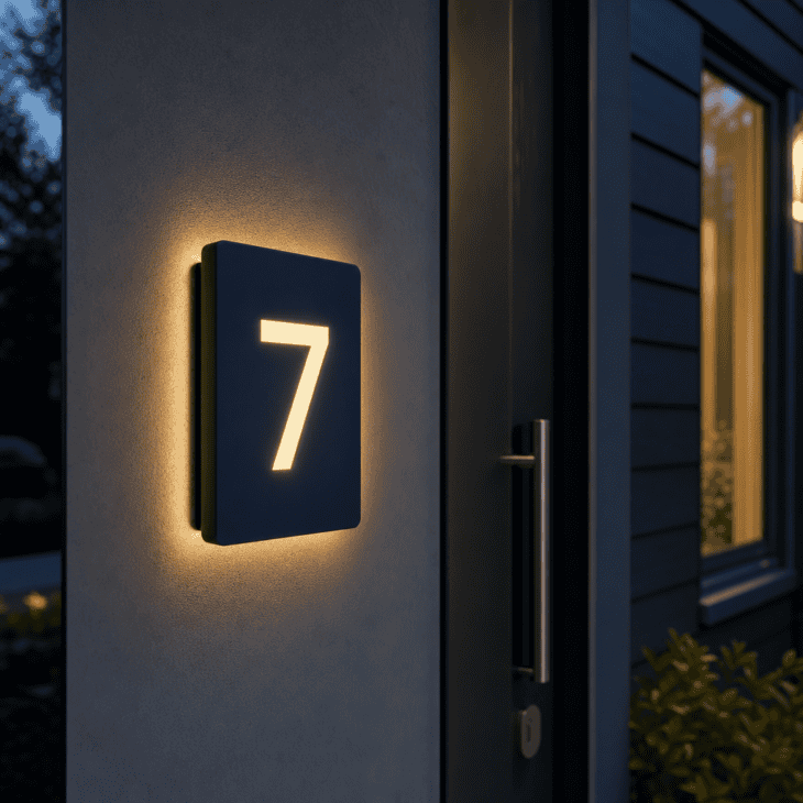 The house number glows beside the door like an airport gate sign.
