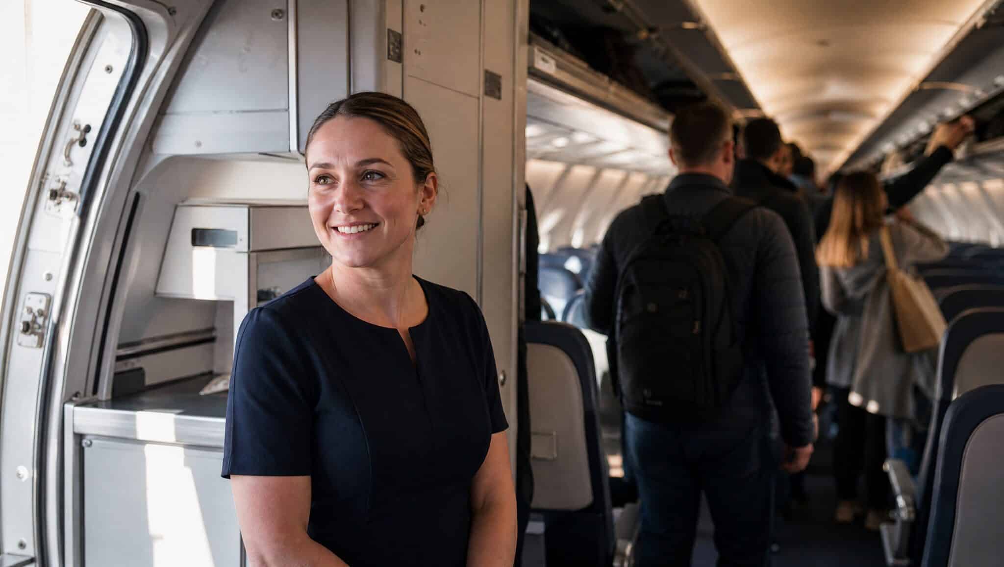 A flight attendant greets passengers boarding a narrow-body airliner at the forward door, before the cabin door closes and paid flight time begins