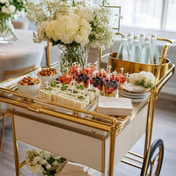 A rolling snack cart makes light refreshments feel like part of the flight plan.