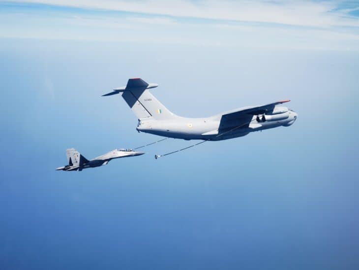 Indian Air Force Su-30MKI taking fuel from an Ilyushin Il-78 tanker over the sea