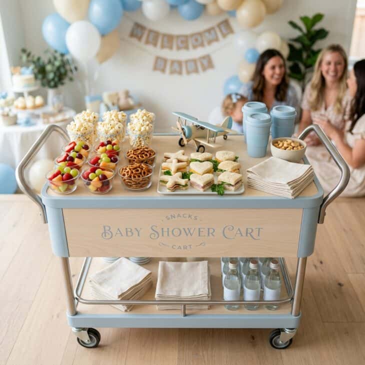 A rolling snack cart brings playful cabin service to the party.
