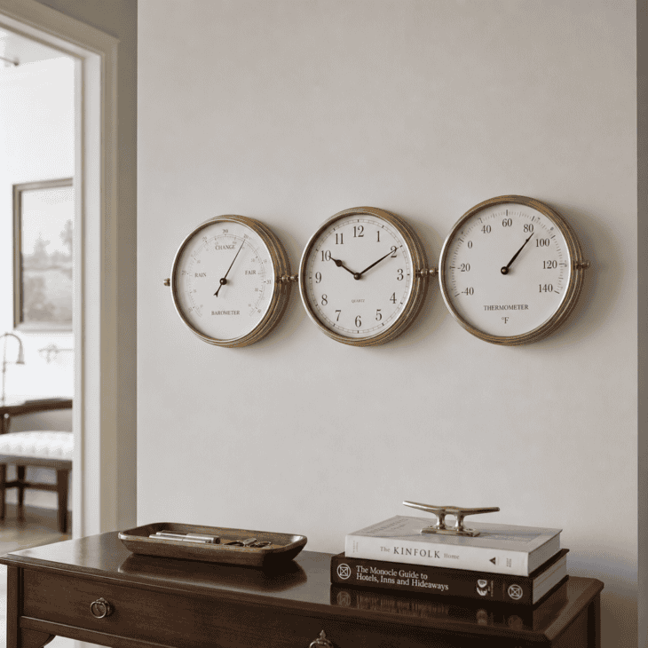 A brass instrument trio brings a cockpit-gauge look to the hallway wall.