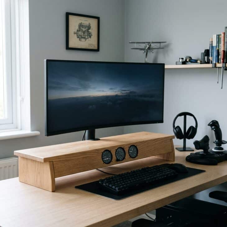 A monitor shelf gains cockpit character from a restrained row of instrument-style dials.