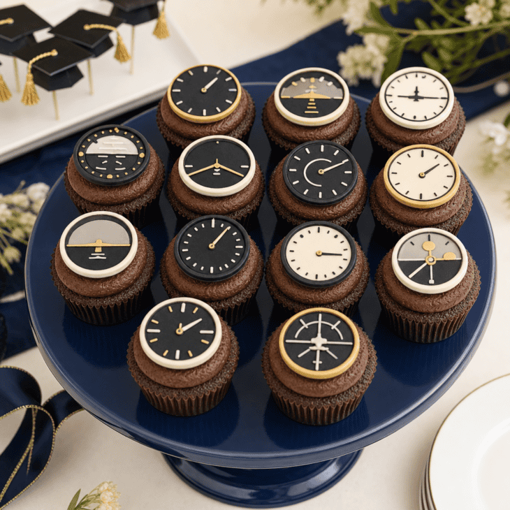 Simplified instrument faces turn individual cupcakes into aviation details.