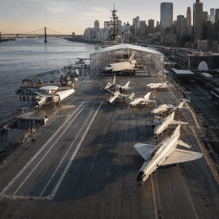 The carrier's flight deck and a shuttle pavilion sit on the Hudson in Manhattan.