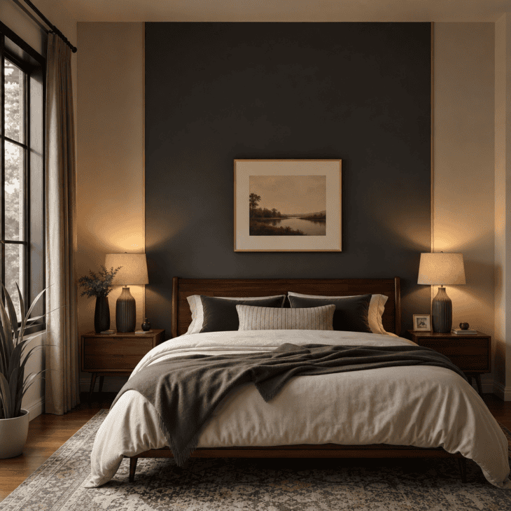 A deep charcoal accent wall behind the bed meets cream walls at a thin brass trim line.