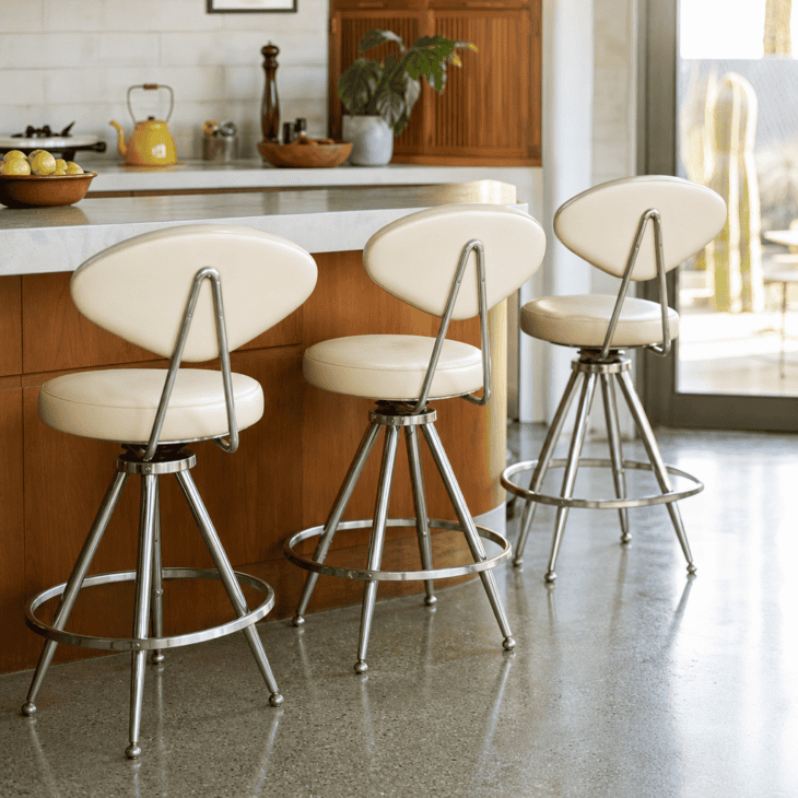 Jet-age barstools with boomerang backrests line the kitchen island.