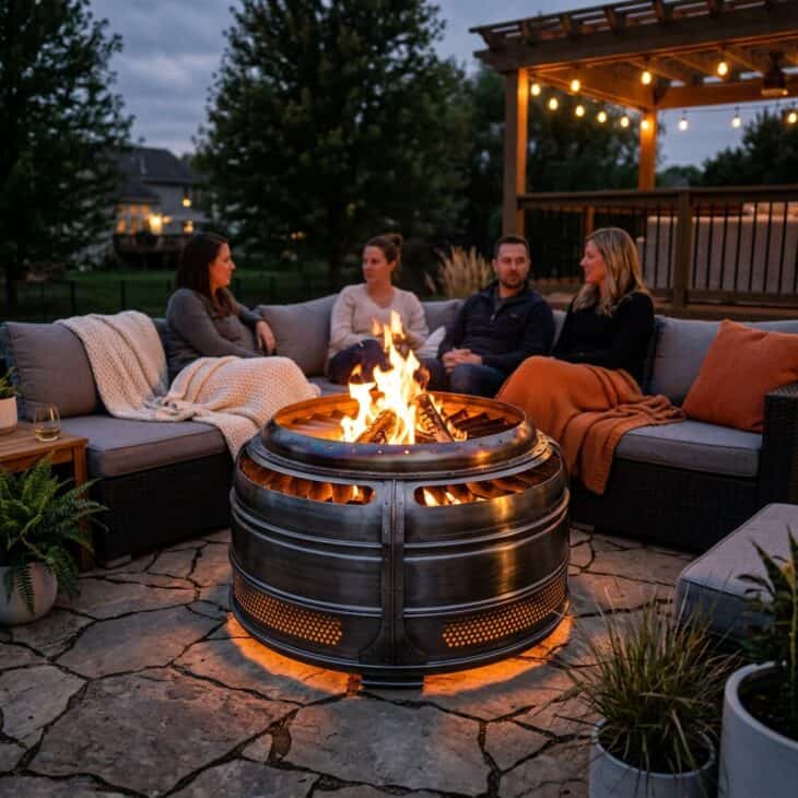 A jet engine-inspired fire pit anchors a stone patio as dusk falls.